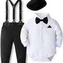 SALNIER Baby Boy Dress Suit Clothes Sets Infant Tuxedo Gentleman Suits Outfits Bowtie Shirt Suspenders Pants Beret Hat (Size: 6-12Months)