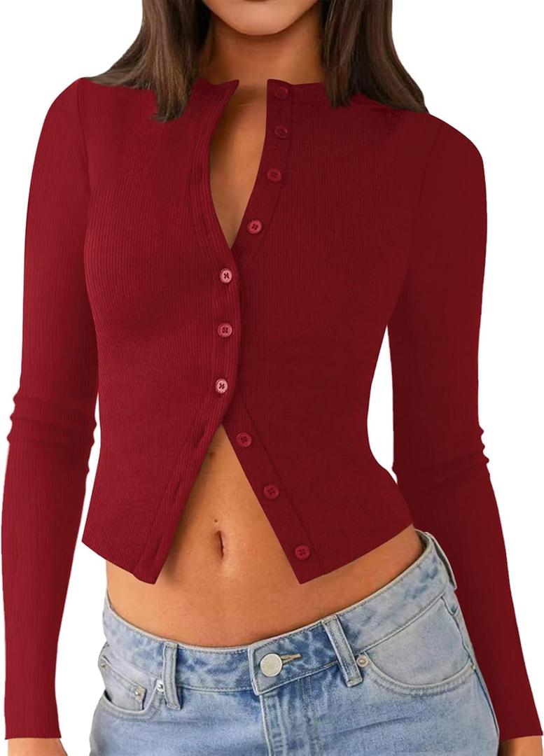 Matunana Womens Long Sleeve Tops Fall Lightweight Cardigan Cropped Going Out Shirts Ribbed Button Down Cute Trendy 2026 (Large, Red)