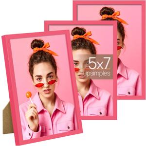 Upsimples 5x7 Picture Frame Set of 3, Made of High Definition Glass for 5 x 7, Wall and Tabletop Display Thin Border Photo Frames for Home Decor, Pink