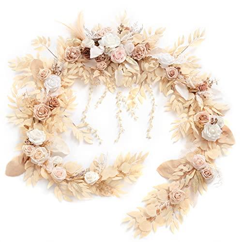 Ling's Moment 9FT Flower Garland for Backdrop Decorations - Wedding Arch Flowers, Eucalyptus & Rose, Artificial Floral Garland for Mantel - Sweetheart Table Decor for Ceremony Reception, White & Beige