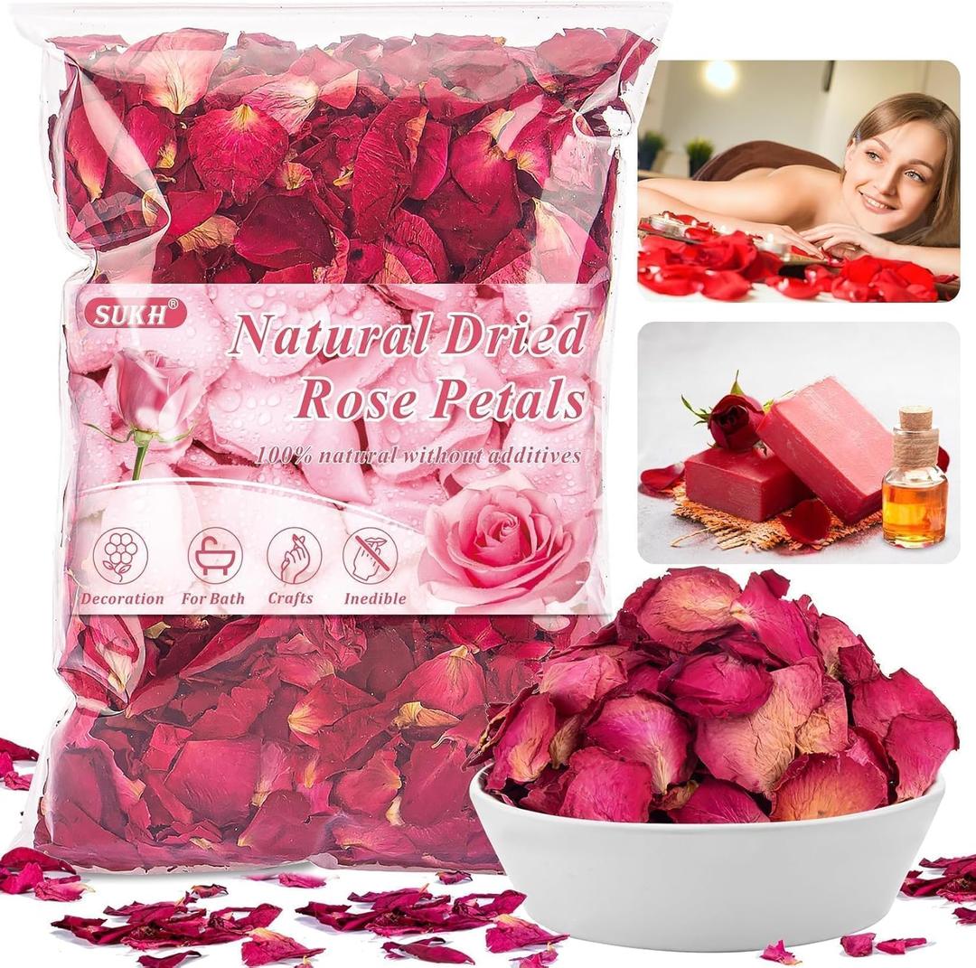 Sukh 5oz Dried Rose Petals Real Flower Petals for Bath Spa, Soap & Candle Making, Wedding Flower Confetti, Resin Crafts & DIY Decorations, Romantic Valentines Day & Event Decor