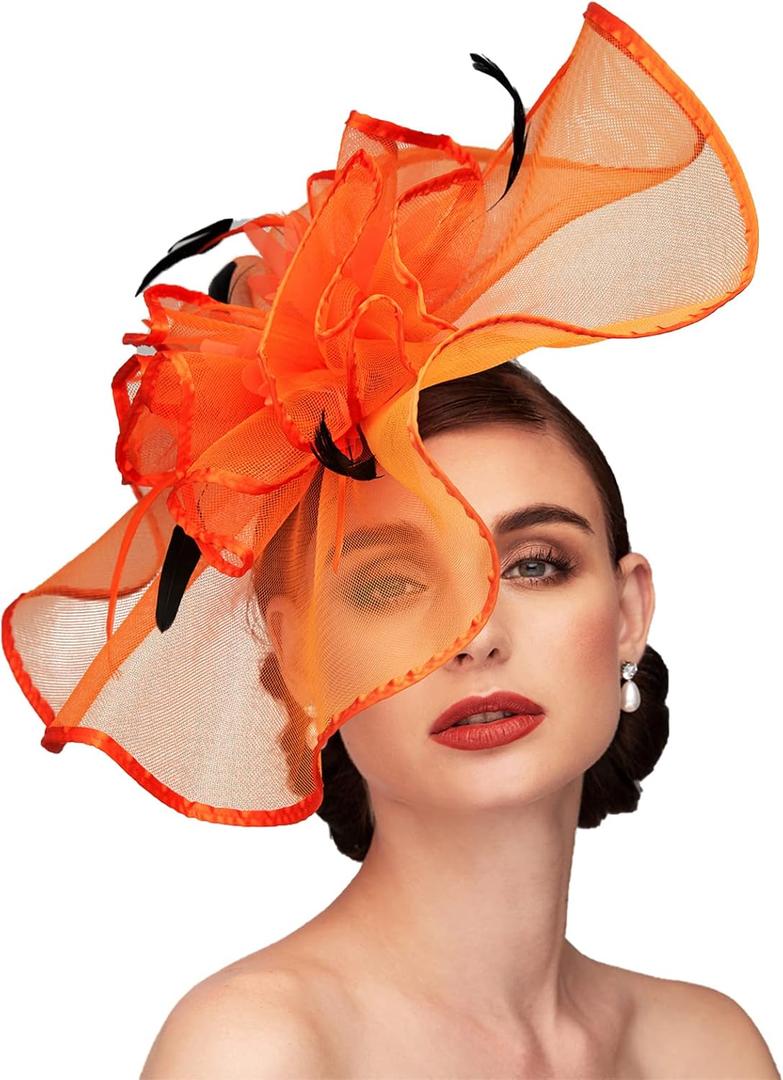 TS Fascinators Hat with Mesh Feather Hair Clip Tea Party for Wedding Cocktail Party Halloween Special Occasion Orange