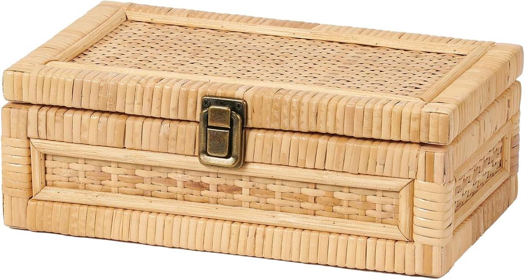 Rattan Box with Lid Decorative Natural Handmade Boho Rattan Baskets Woven Wicker Cane Bins Keepsake Memory Jewelry Boxes Rectangular Desk Shelf Closet Organizer Container (Small Size)