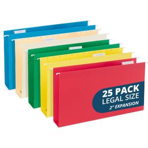 25 Blue Summit Supplies Legal Size Hanging File Folders - Assorted Colors, 2" Expansion, Legal Hanging File Folders for Filing Cabinet, 9.5" x 14.75", 11PT Paper Stock with Tabs and Inserts Included