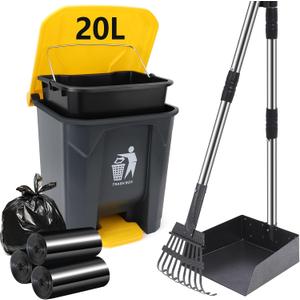 Dog Pooper Scooper, 20L Large Dog Poop Trash Can Outside with Removable Inner Bucket, Poop Trash Can for dog Outdoors with 90 Waste Bags, 37inch Long Handle Stainless Metal Tray & Rake