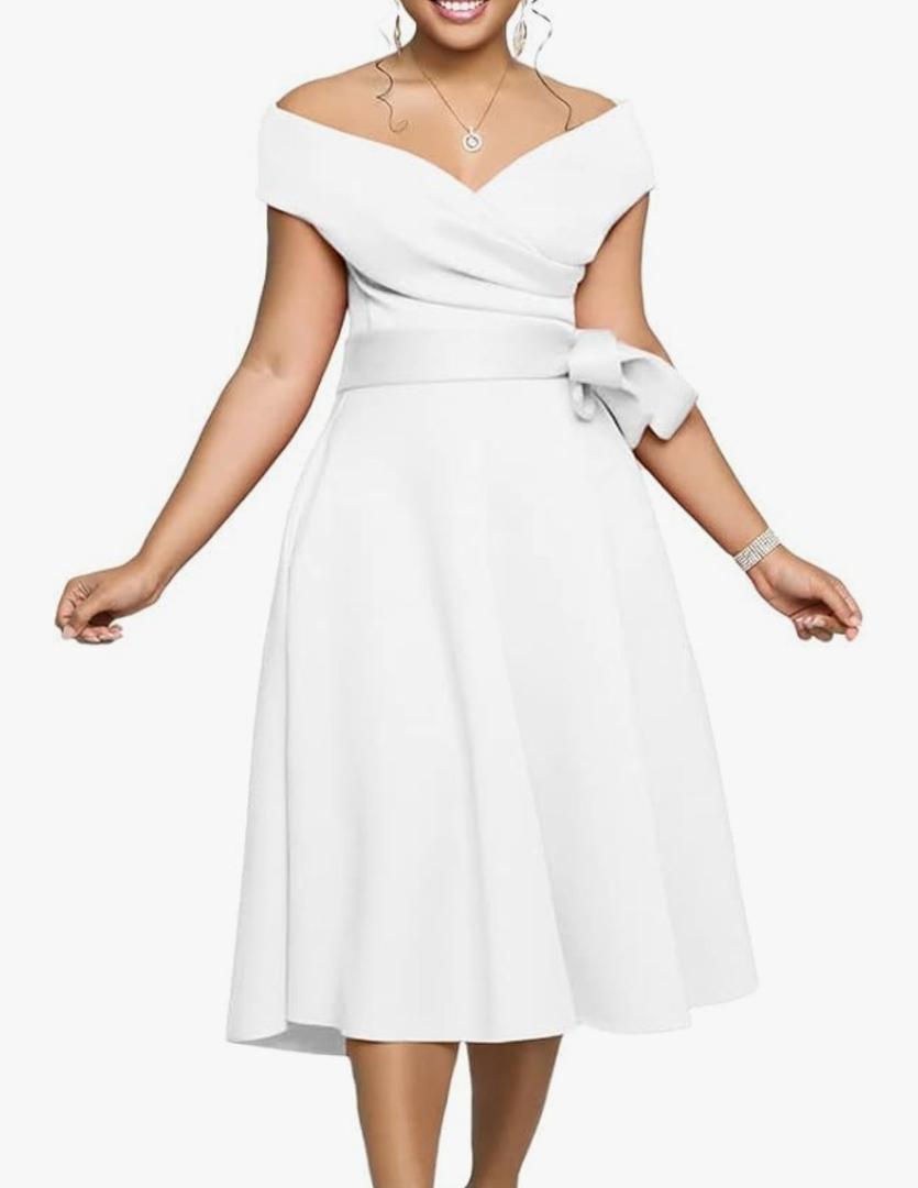 Women Off Shoulder Midi Dress Sexy Sleeveless Deep V Neck Belt Waist Party Wedding Evening Dresses with Pocket.Size XL
