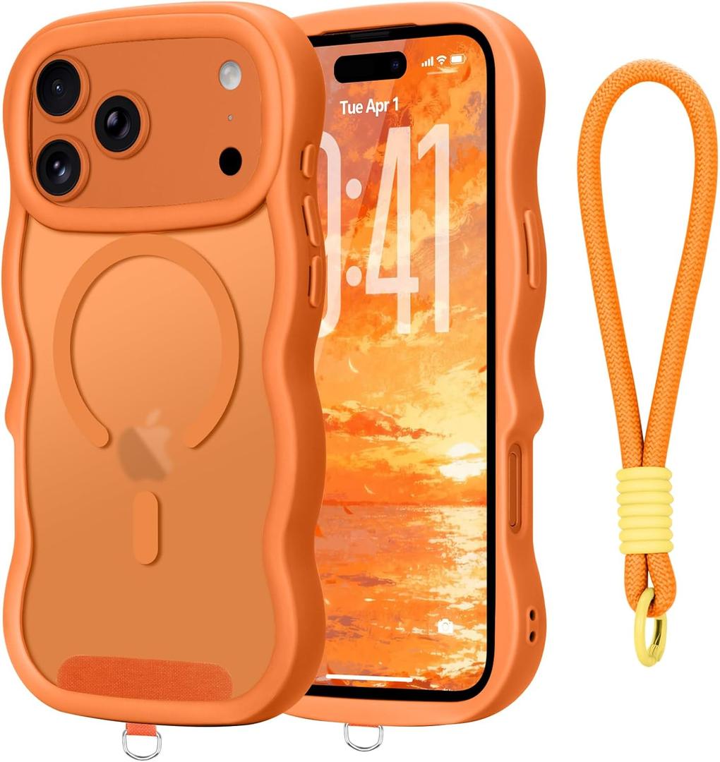 for iPhone 17 Pro Max Case with Wrist Strap, Wavy Frame Cute Translucent Matte Hard Cover Compatible with Magsafe Shockproof Bumper Phone Case for iPhone 17 Pro Max Women Girls, Cosmic Orange