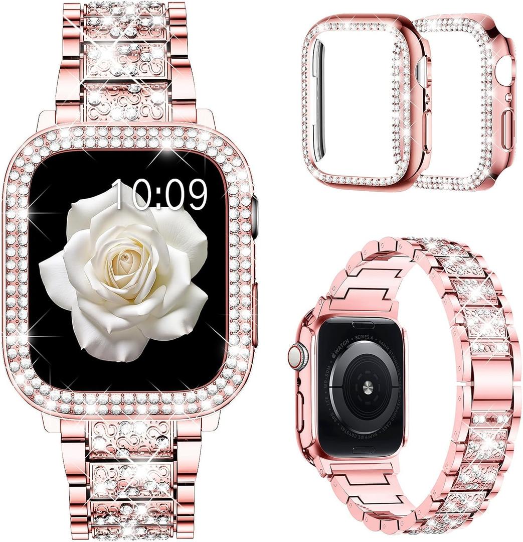 Mosonio Compatible with Apple Watch Band Series 7 41mm with Case Women, Jewelry Replacement Metal Wristband Strap with 2 Pack Bling PC Protective Cover for iWatch 41mm Series 7(Pink)