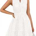 ZESICA Women's Summer Sleeveless Mini Dresses 2026 Spring V Neck Hollow Out Eyelet Flowy A Line Beach Vacation Sundress