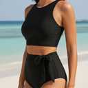 Aqua Eve Women High Waisted Bikini Set Racerback Swimsuit Two Piece Bathing Suit High Neck Swimwear (Black, M)