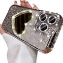 Changjia Glitter Mirror Case for iPhone 15 Pro Max,Luxury Diamond Heart Makeup Mirror Bling Sparkly Rhinestone with Camera Protector Soft Plating Bumper Women Girls Case for iPhone 15 Pro Max (Silver)