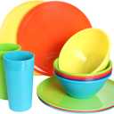 Youngever 18 Piece Plastic Kitchen Dinnerware Set, Plates, Dishes, Bowls, Cups, Service for 6 (Rainbow Colors)