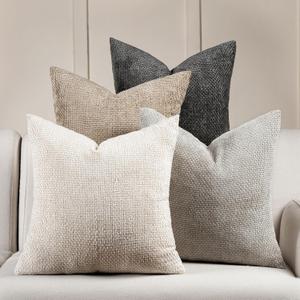 Volcanics Boho Throw Pillow Covers 20x20 Set of 4, Neutral Chenille Decorative Cushion Covers for Couch, Sofa, Bedroom, Living Room, Farmhouse & Mid-Century Modern Home Decor