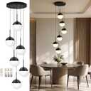 Black 6-Light Dimmable Modern Chandeliers for Dining Room Chandelier Milky White Glass Globe Height-Adjustable Mid Century High Ceiling Chandelier for Living Room (Bulb & Remote Incl)