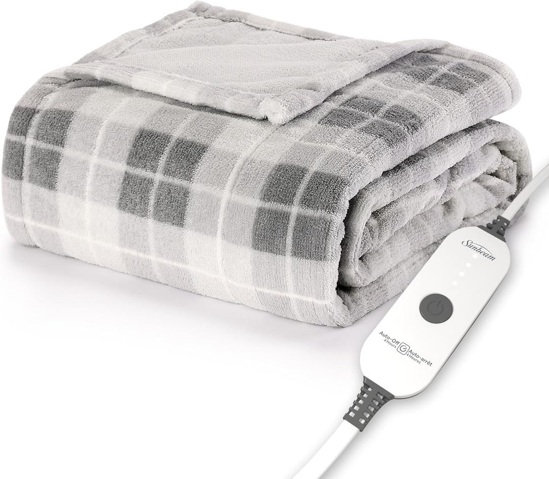 Sunbeam Electric Throw Royal Luxe Microplush Heated Blanket, 4 Heat Settings, 4-Hour Auto Shut-Off, Fast Heating, Warm and Cozy, Grey Rodeen Plaid, 50" x 60"