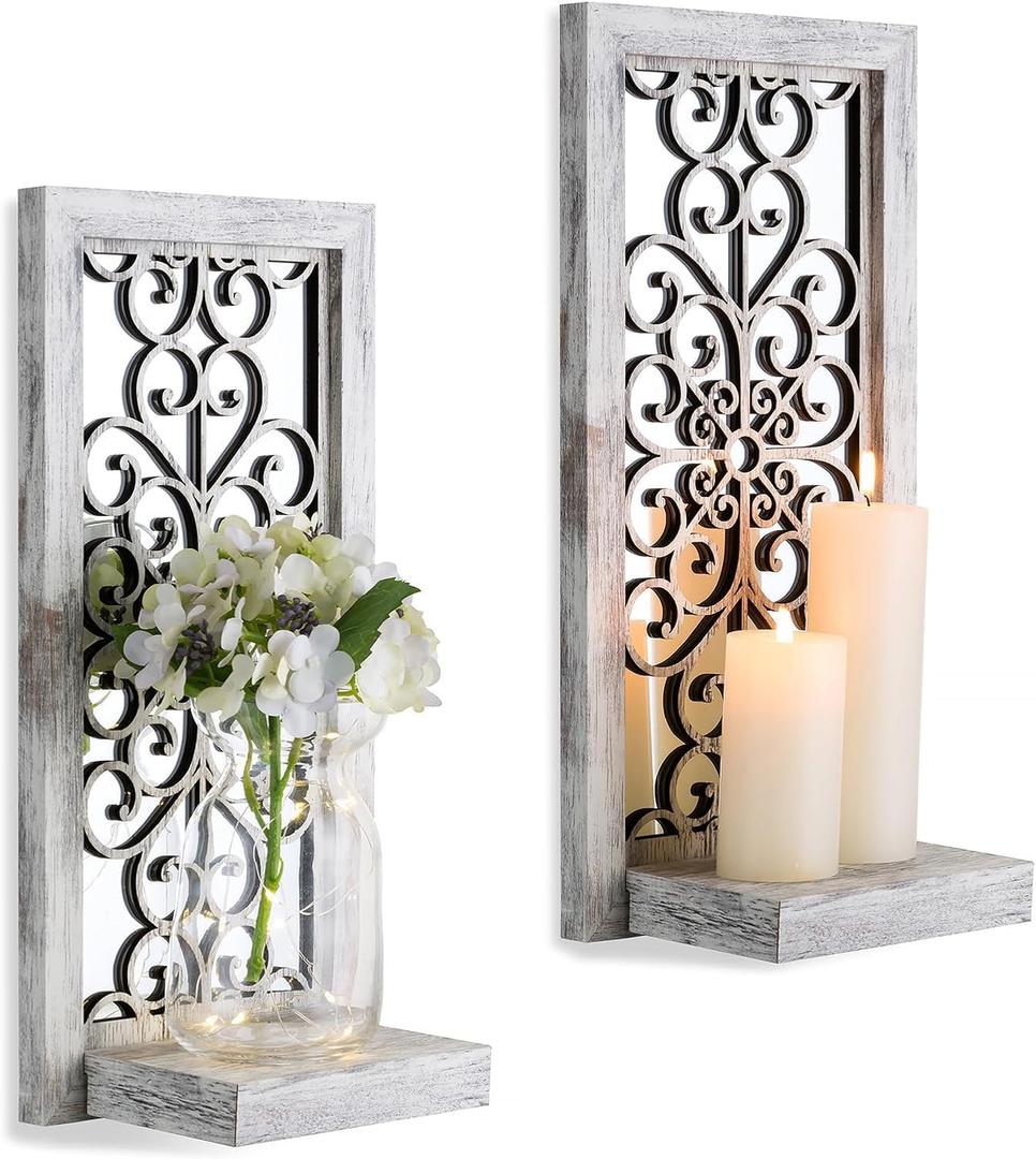 Mirrored Wall Candle Holders Decorative White - Farmhouse Wall Candle Sconces Set of 1 Washed white Candle Holder Decor for Small Vase Tealight Pillar Candles (Scroll Pattern, Distressed Gray-white)
