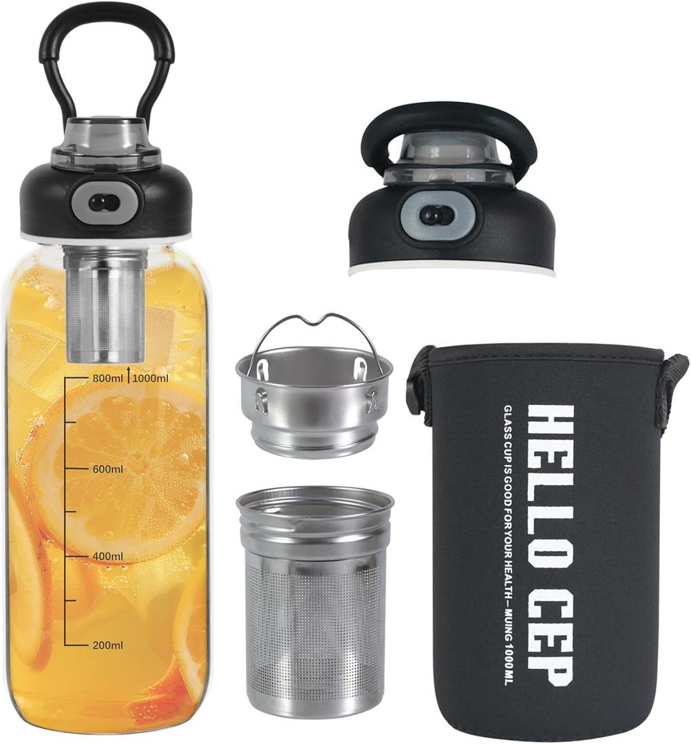 34oz Glass Water Bottle with capacity Mark & Stainless Steel Tea Strainer-Large Capacity for Hot/Cold Drinks,Coffee,Tea,and Water-Includes Protective Sleeve,Perfect for Home,Office (34oz) (Transparent)