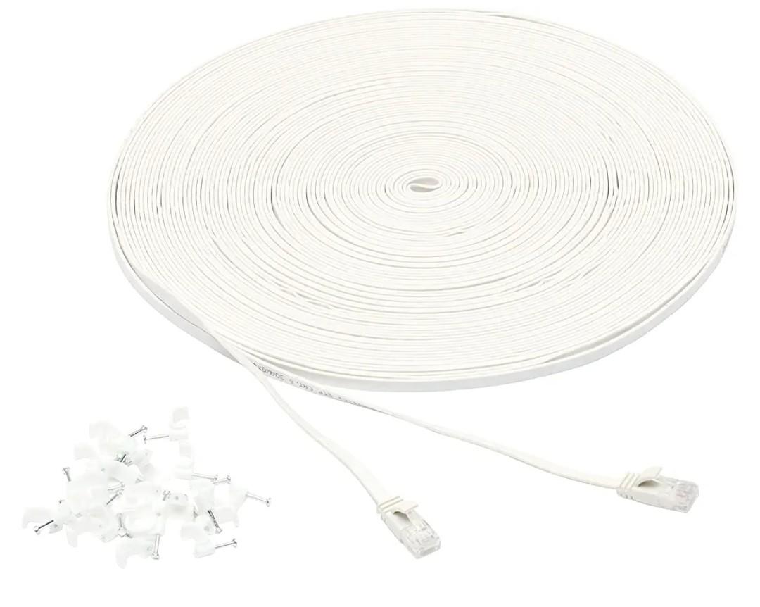 Amazon Basics Cat 6 Ethernet RJ45 10Gbps Flat Cable 100 ft Outdoor&Indoor White Solid Patch Cord with Clips for Router, Modem, PS4/5, Xbox, Gaming, Computer Network for High Speed LAN Internet