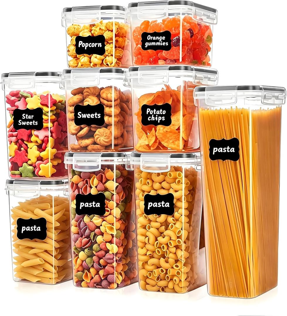 9 PCS Airtight Food Storage Containers with Lids, BPA Free Clear Plastic Kitchen and Pantry Organization and Storage Set for Flour, Sugar, Cereal, Pasta, Includes 9 Labels and Marker