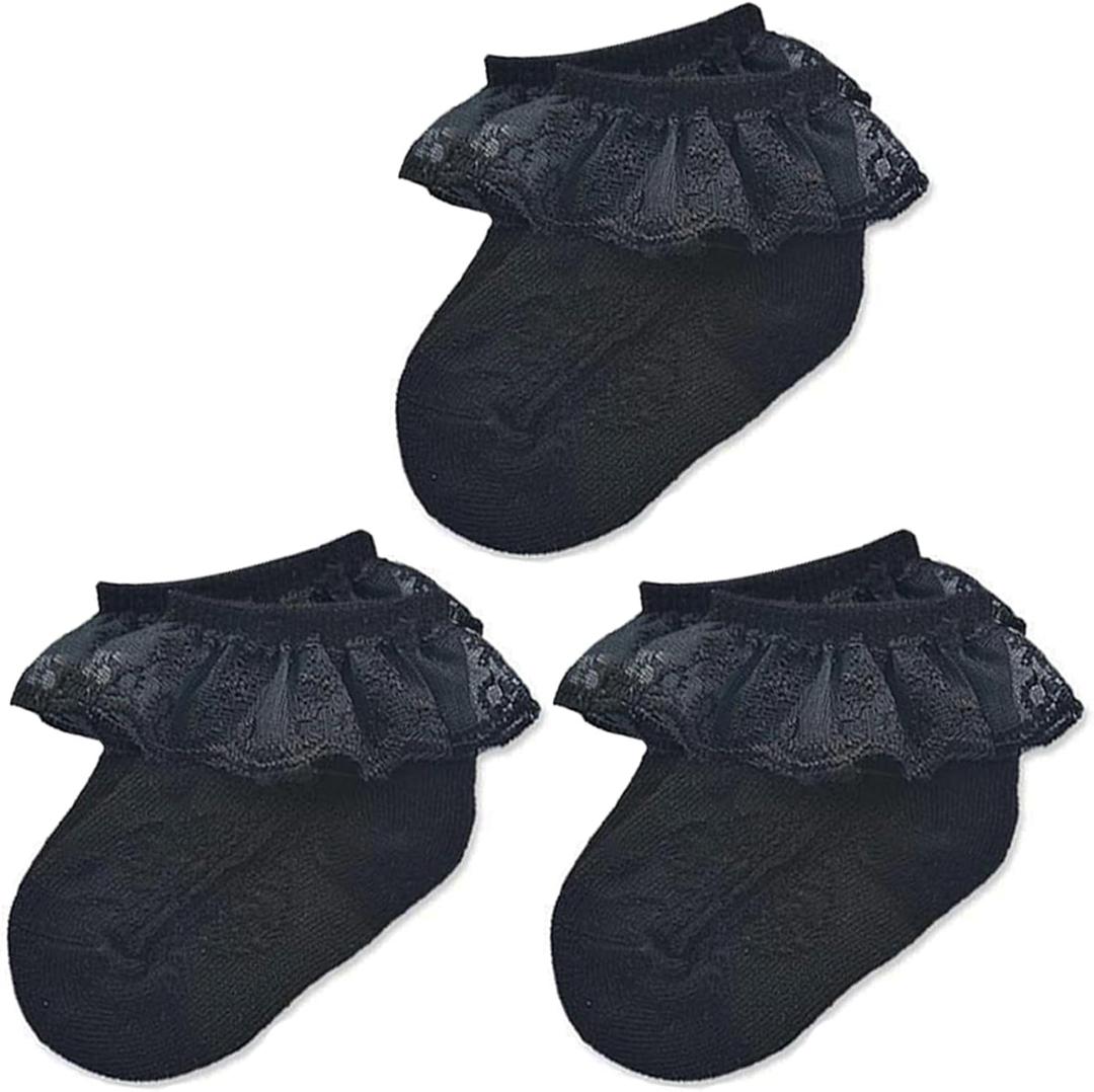 Baby Lace Socks Baby Girl Double/Eyelet Lace Ruffle Frilly Socks for Newborn Infant and toddlers Gift Set (Black, S)