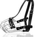 Dog Chrome Metal Muzzles Wire Basket Adjustable Leather Straps (#4) Circumference is 9.4-11 in, Length is 3.1-3.5 in