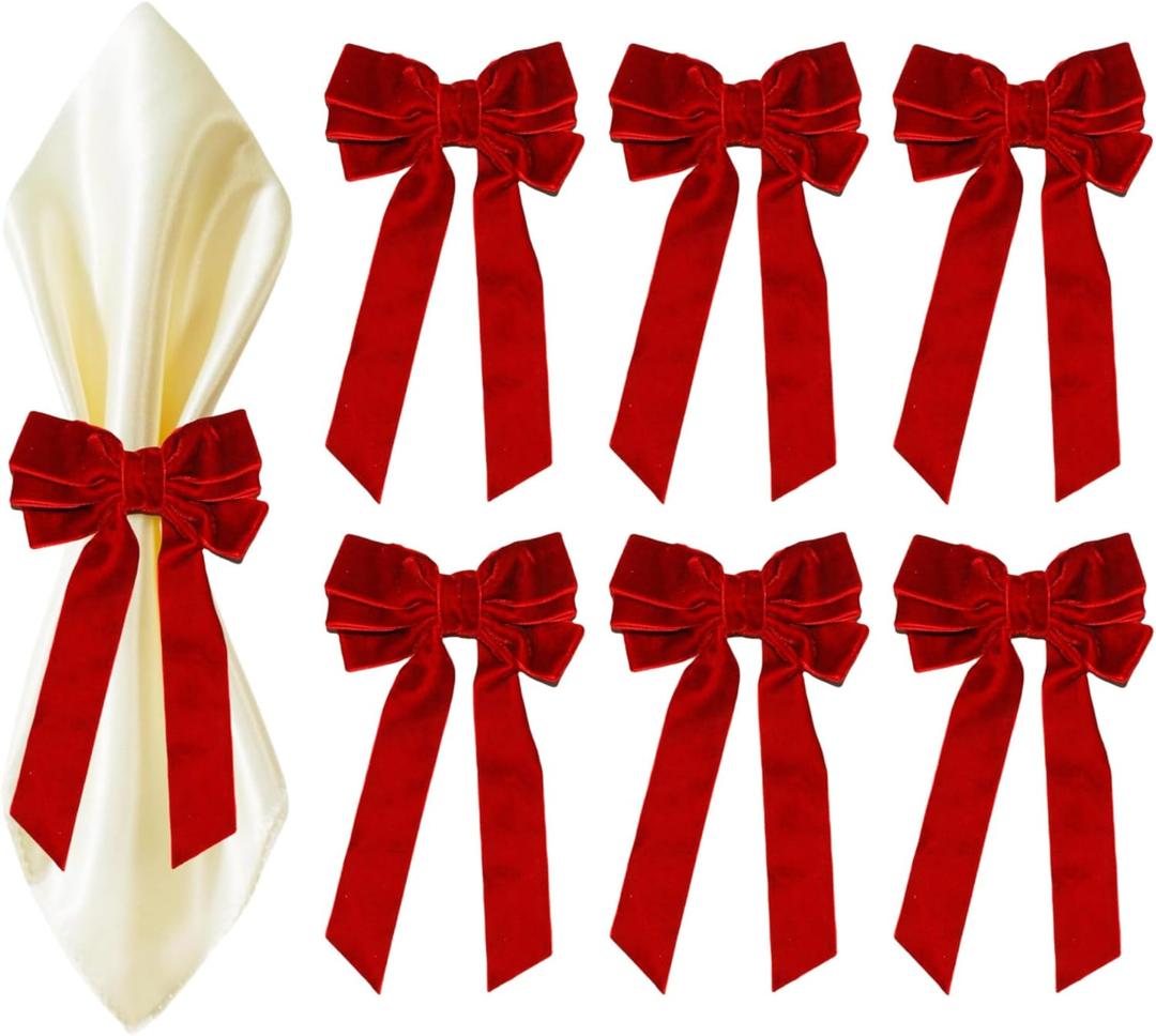 Bow Napkin Rings for Christmas, Wedding, Party, Holiday Table Decor (Red, 12 pcs)