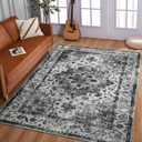 Washable Rug 8x10 Area Rug Black Vintage Floral Print Nonslip Thin Foldable Carpet for Living Room Bedroom Kitchen and Bathroom Traditional Distressed Indoor Accent Rug (Black and White)