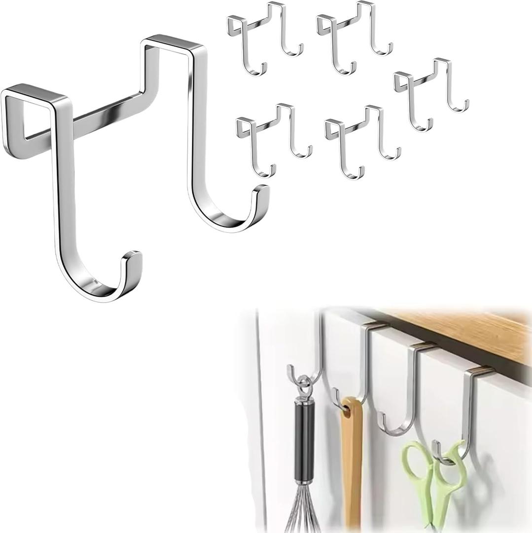6 Pack - Over the Cabinet Door Hooks | Stainless Steel Cabinet Hooks for Hanging Mugs, Cups, Utensils | Cupboard Door Organizer & Under Sink Door Organizer Kitchen Storage Cabinet, Kitchen Accessories