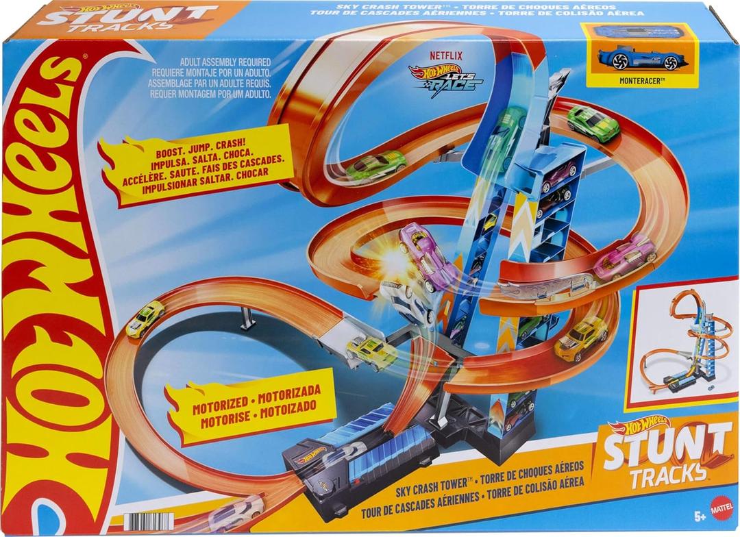 Hot Wheels Sky Crash Tower Track Set, 2.5+ ft / 83 cm High with Motorized Booster, Orange Track & 1 Hot Wheels Vehicle, Race Multiple Cars, Gift for Kids 5 to 10 Years Old & Up