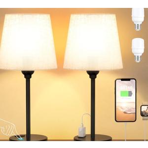 Mini Bedside Lamps for Bedrooms Set of 2 - Nightstand Bedroom Lamps with USB C Port and AC Outlet Charging, Dimmable Touch Small Bed Side Table Lamp, Black Night Stand Light for Kids/Guest Room