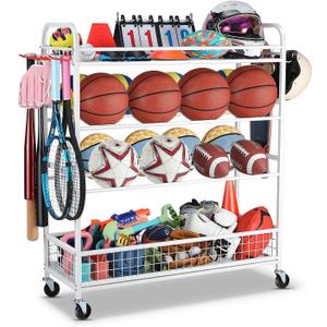EXTCCT Garage Sports Equipment Organizer - Rolling Ball Storage Bin with Wheels, Garage Sports Gear Rack Outdoor Basketball Racks for Balls with Baseball Bat Holder and Hooks, Toy Organizer(White)