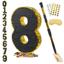 PCFING 20 Inch Number 8 Piñata Gold Black with 30 Inch Piñata Stick Blindfold Confetti for Man Women Kids Birthday Party Decorations, Anniversary Celebration, Fiesta
