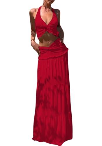 Famnbro Womens 2 Piece Skirt Sets Halter V Neck Y2k Top and Flowy Ruffle Maxi Skirts Summer Vacation Outfits, Size M