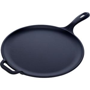 Victoria 12-Inch Cast Iron Comal Pizza Pan with a Long Handle and a Loop Handle, Preseasoned with Flaxseed Oil, Made in Colombia
