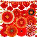 Winlyn 20 Pcs Bulk Chinese New Year Party Decorations Chinese Red Lanterns Oriental Hanging Lucky Paper Fans New Year Banner for Asian Lunar New Year The Year of Snake Festival Wedding 2025 Decor