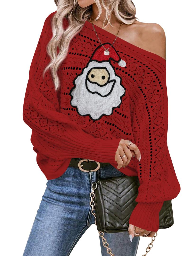 Cakulo Womens Off Shoulder Ugly Christmas Sweater Top Fall Fashion 2026 Oversized Knit Crochet Sweaters Xmas Snowman S