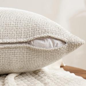 Pack of 2 Couch Throw Pillow Covers 20x20 Inch Cream Soft Decorative Chenille Pillow Covers Farmhouse Accent Cushion Covers for Boho Home Decor Sofa Bedroom Living Room