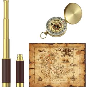 Pirate Monocular Telescope with Treasure Map Pocket Compass - Collapsible Spyglass for Party Accessory Set