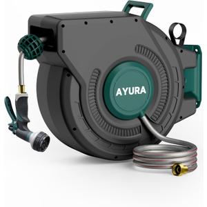 AYURA Retractable Garden Hose Reel 100 ft x 1/2 inch with Pro Metal Shaft, Heavy Duty Automatic Garden Hose Reels with Kink-Free Rewind and Lock at Any Length, Wall Mount Water Hose Reel for Outside