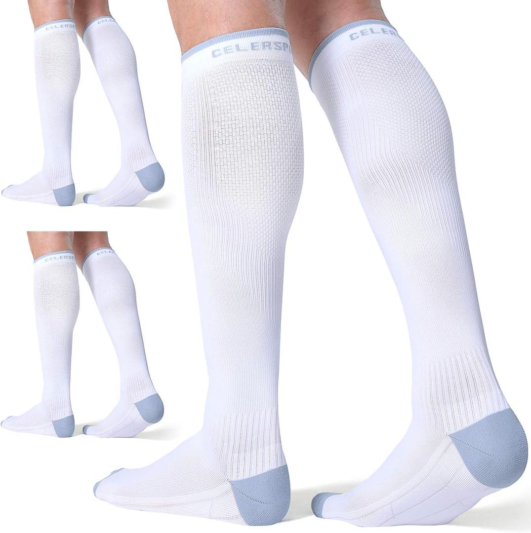 CelerSport 3 Pairs Compression Socks for Men and Women 20-30 mmHg Running Support Socks (Large-X-Large, White (3 Pack))