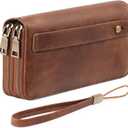 GAEKEAO Wallet for Women Clutch RFID Blocking Wristlet Leather Purse Large Capacity Credit Card Holder with Grip Hand Strap (A01 Retro Brown Tan)