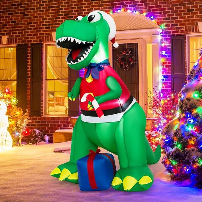 Tangkula 6 FT Lighted Inflatable Christmas Dinosaur Bite a Gift Box, Inflatable Christmas Decoration with LED Lights & Gift Box, Giant Indoor Outdoor Holiday Decoration for Yard, Party, Lawn