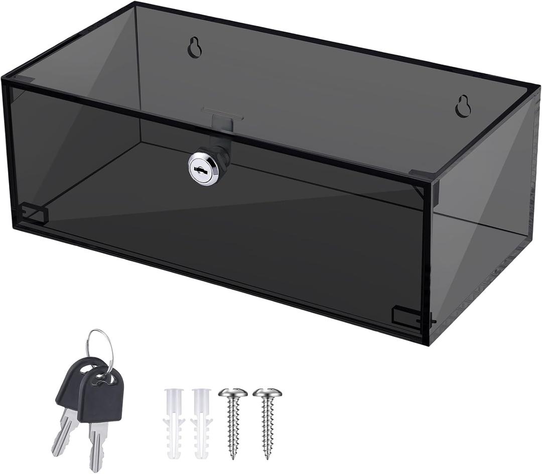 Wonderjune Refrigerator Medicine Lock Box with Keys and Mounting Hardware 12 x 6 x 4.5 Inch Wall Mount Locking Medicine Box Black Acrylic Wall Cabinet, First Aid Kit for Emergencies Home Use