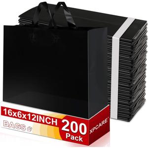 XPCARE 200Pack Frosted Plastic Gift Bags, 16x6x12 Black Plastic Shopping Bags with Handles for Small Business, Boutiques, Retail Stores, Gifts & Merchandise, 1 count