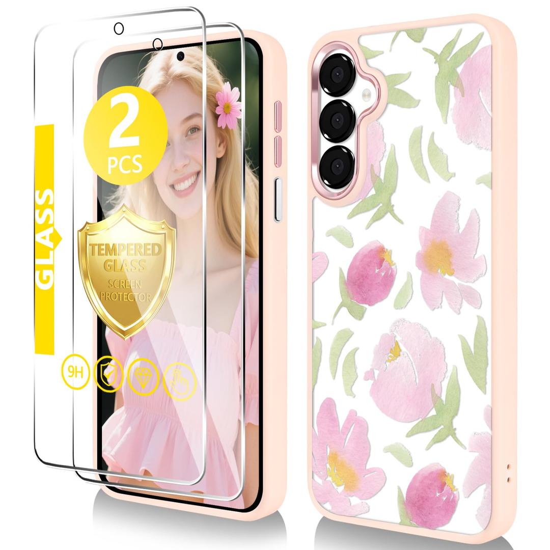 Govmeie for Samsung Galaxy A15 5G Case6.5 inch with Tempered Glass Screen ProtectorSlim TPU & Hard PC Crystal Clear Cover, Elegant Floral Pattern Design for Girls Women(Galaxy A15 -Flower Bud/Pink