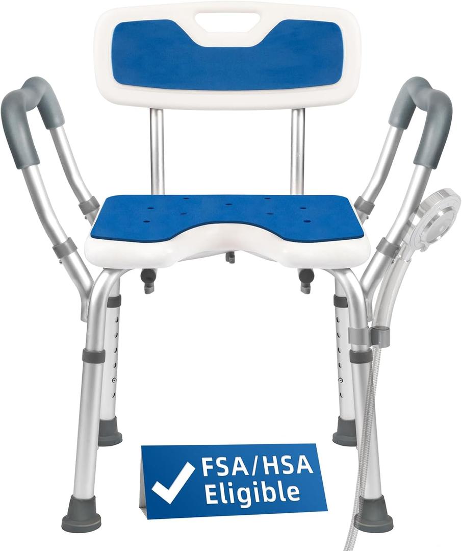 TooCust FSA Eligible Extra Wide M-Shaped & Padded Armrests Shower Chair, 500lbs Capacity,Aluminum, Bath & Shower Safety Seating