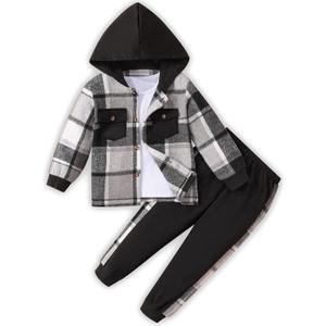 Toddler Boy Clothes Plaid Hooded Shirt White T-shirt Top and Solid Color Pants 3Pcs Winter Boys Clothes, 6-7 Years