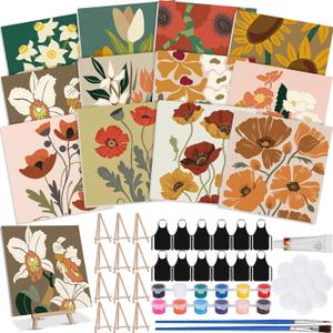 MotiMind 12 Sets Framed Paint by Number Kit for Adults with 12 Wooden Easels, 12 Disposable Apron, 12 Pigment 12 Brush, 12 Palette, DIY Acrylic Paint by Number Kits for Party(Flower)