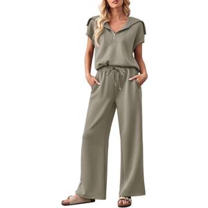 MEROKEETY Women 2 Piece Set Summer Outfits Sweatsuit Half Zip Cap Sleeve Sweatshirt Wide Leg Sweatpant Tracksuit Sets (XL)