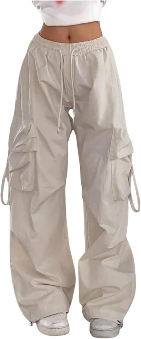 GORGLITTER Women's Baggy Cargo Pants Low Rise Wide Leg Track Pants Streetwear Parachute Pants Trousers Casual Work Apricot Small